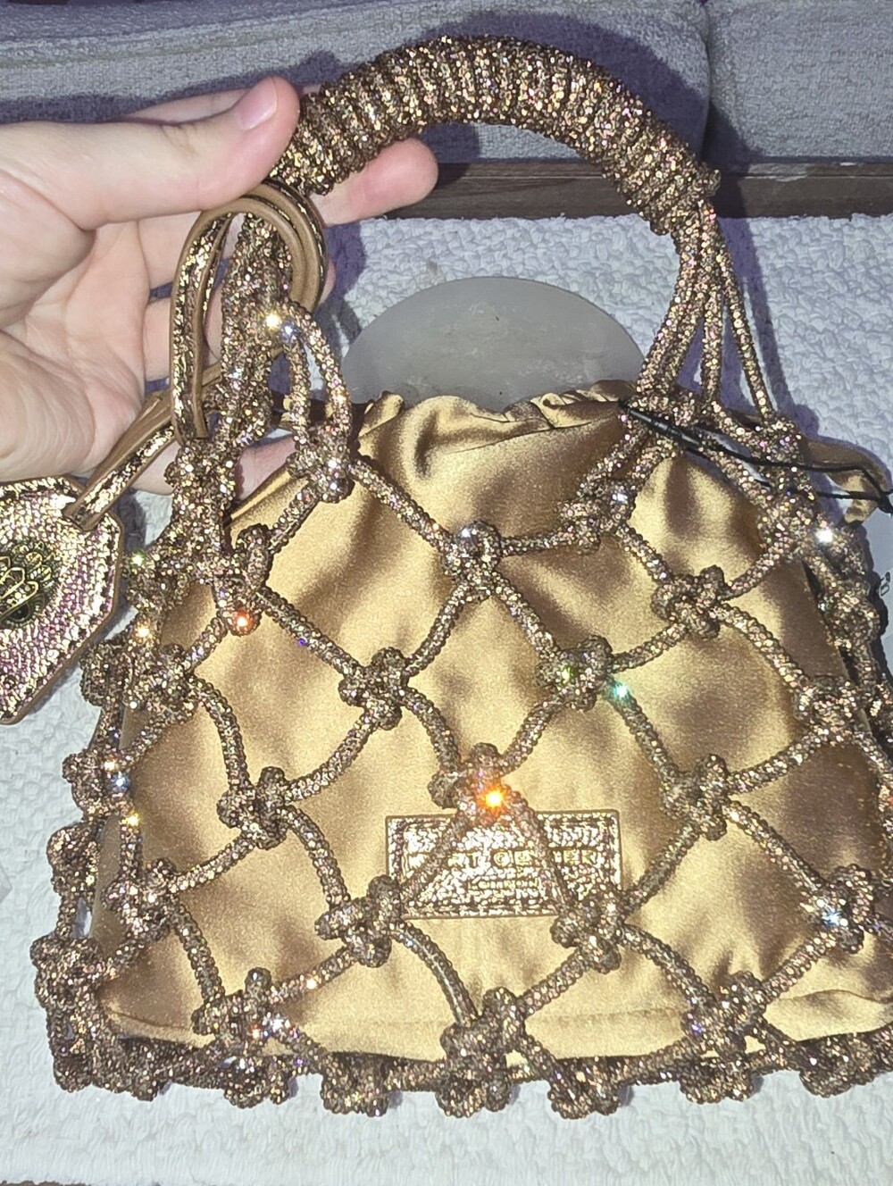 Kurt Geiger Gold Small Macramé Bucket Bag